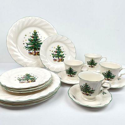 Lot #57 Vintage Nikko "Happy Holidays" Christmas Dinnerware: Dinner Plates, Salad Plates, Cups & Saucers - 16pc, Service for 4