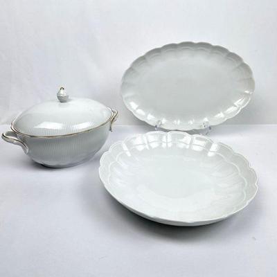 Lot #192 Vintage Kaiser W Germany Lidded Serving Bowl with Scalloped Gold Edges, Large Round Serving Dish & Oval Platter (3pcs)