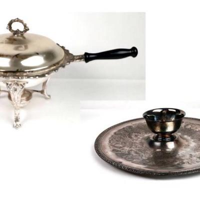 Lot #141 Vintage Silver Plated Chafing Dish with Lid, Warmer, and Serving Stand & Silver Plated Serving Tray with Dipping Bowl