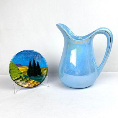 Lot #167 Iridescent Blue Pottery Pitcher with Gold Accent Line, Small Vietri Hand Painted Dish, Italy