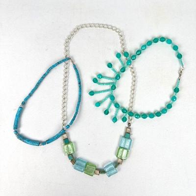 Lot #61 Vintage Blue and Green Beaded Necklaces Set of 3