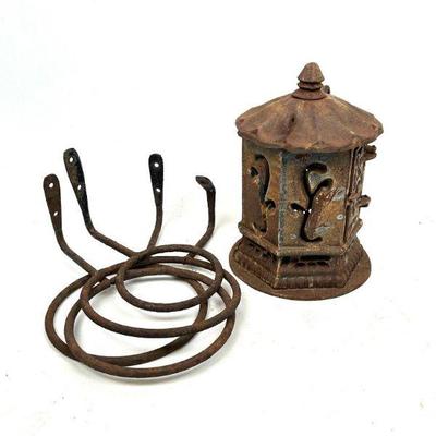Lot #35 Antique Cast Iron Japanese Ikebana Flower Lantern & Metal Wall Mounts for Potted Plants