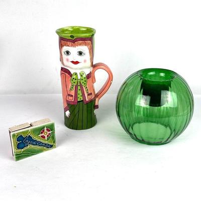 Lot #171 Handpainted Italian Creazioni Luciano Matchbook Cover, Susan Paley Mug, Handblown Glass Candleholder / Vase