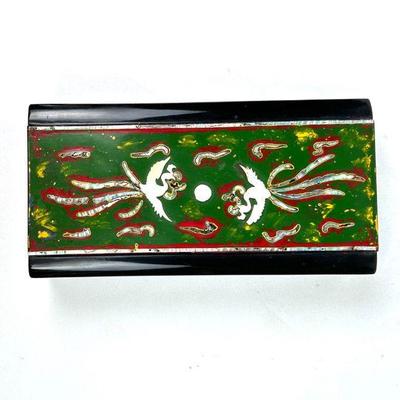 Lot #29 Mid Century Lacquered Wood Smoker's Box, Hand Painted with Mother of Pearl Inlay - 1969 Korea