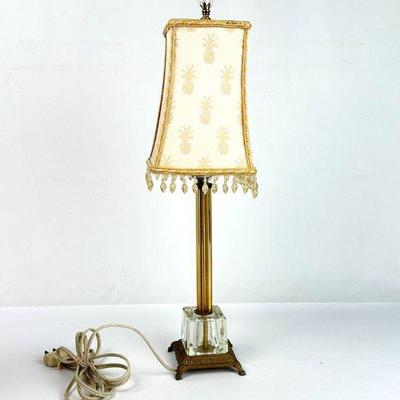 Lot #103 Vintage Brass Bedside Table Lamp with Glass Cube, Crystal Finial & Beaded Fabric Shade
