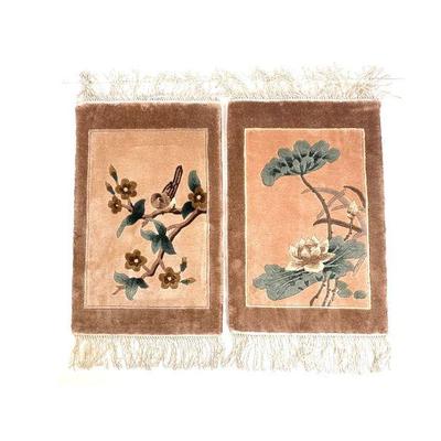 Lot #34 Vintage Chinese Small Hand-Woven Silk Rugs with Bird and Floral Motifs - Set of 2