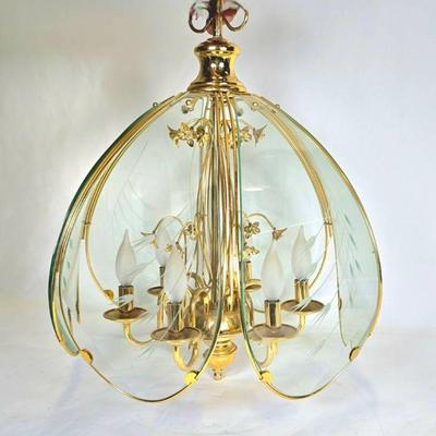 Lot #195 Vintage Etched Panel Glass & Brass Chandelier from the 1980's - 6 Bent Glass Panels & 6 Bulbs - Excellent VTG...
