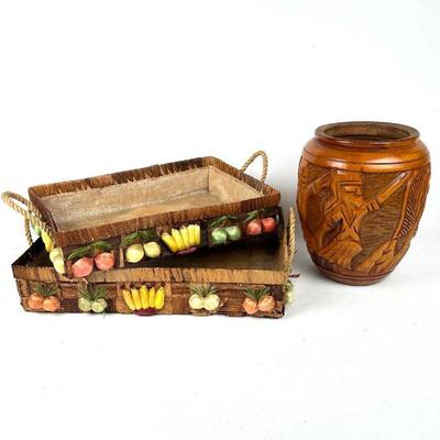 Lot #36 Vintage Woven Baskets with Burlap Lining and a Carved Mahogany Wood Vase