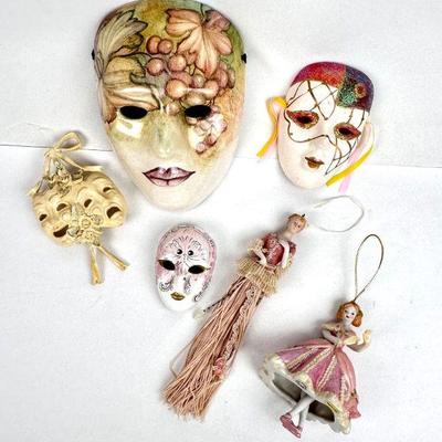 Lot #157 Vintage Assortment of 4 Venetian Carnival Masks Wall Decor, Hanging Tassel Doll Ornament & Ballerina Ornament
