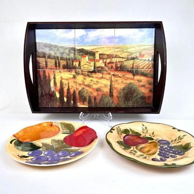 Lot #147 Wood with Tile Inlay Serving Tray and 2 Handpainted Plates