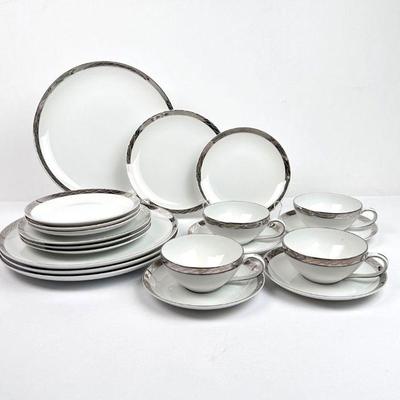 Sale Photo Thumbnail #132: Lot #132 Vintage Fukagawa Arita Fine China Dinnerware Pattern #917 Silver Lichen - 5 pc Place Settings, Service for 4, 20 pieces