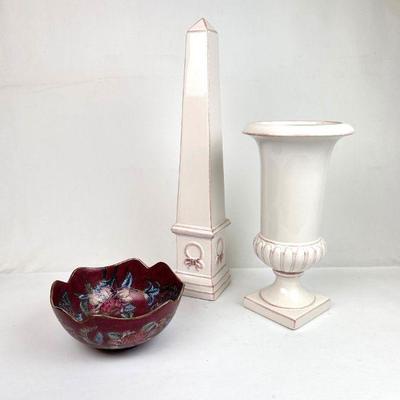 Lot #150 White Ceramic Obelisk & Urn, Decorative Chinese Bowl