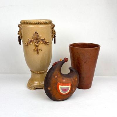 Lot #148 Ceramic Urn, Tall Pot and Handpainted Chicken