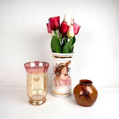Lot #143 Vintage Vase Assortment: Tall Ceramic White Vase, Smaller Round Dragonfly Vase, and Beautiful Glass Vase