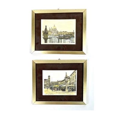 Lot #175 Vintage Small Framed Prints by R. Zacharias - Verona Piazza della Erbe & Venezia Santa Maria della Salute - Set of 2