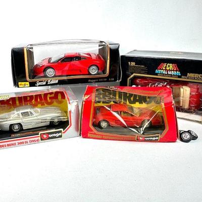 Lot #37 Vintage Diecast Metal Model Cars by Maisto & BBurago - Ferrari, Bugatti, and 2 Mercedes - Set of 4