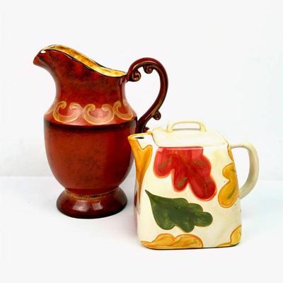 Lot #94 Vintage Hand Painted Pottery Pitchers - Set of 2