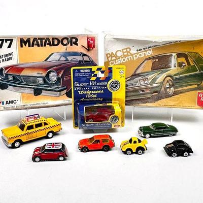 Lot #32 Vintage Car Unassembled Pacer Car Models (In original Packaging) & Pacer Hot Wheel, and misc small toy cars