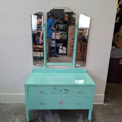 Lot #100 Vintage Green Dresser with Three Piece Mirror with Hinged Sides and Adjustable Center