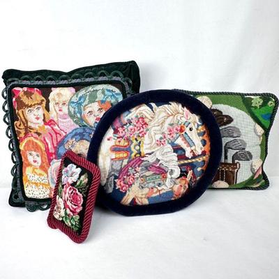 Lot #193 Vintage Needlepoint Pillow Lot (4 Pillows)