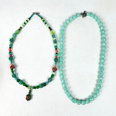Lot #65 2 Vintage Green Beaded Necklaces - Set of 2