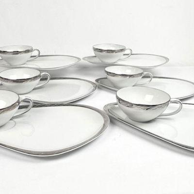 Lot #144 Vintage Fukagawa Arita Fine China Dinnerware Pattern #917 Silver Lichen Snack Plates & Cups - 6 Sets