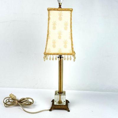 Lot #105 Vintage Brass Bedside Table Lamp with Glass Cube, Crystal Finial & Beaded Fabric Shade