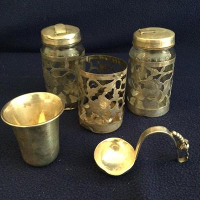 Sterling Silver Mexican Overlay Nestle Jars With Ladle Plus A Child’s Cup, 5 Pcs