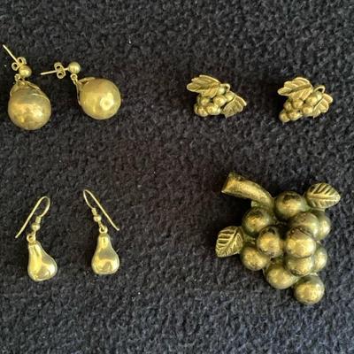 Sterling Silver from Mexico, Fruit Themes, Earrings & Brooch