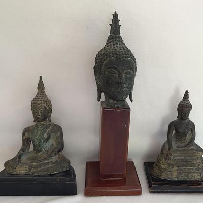 Thai Sukhothai Buddha Head & Statuettes, 3 Pcs