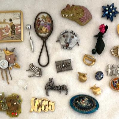 Brooches, Scarf Clips, Mirror And Ring, 22 Pcs