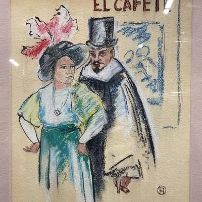 Framed Signed El Cafete Couple Pastel Drawing
