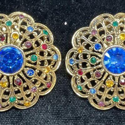 Vintage Gold Tone Crystal Flower Earrings
