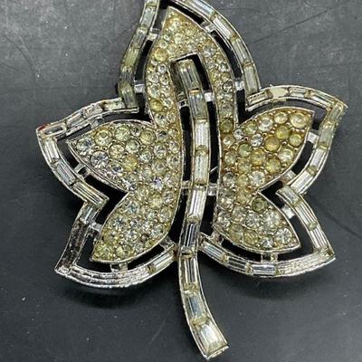TRIFARI Signed Vintage Crystal Leaf Brooch
