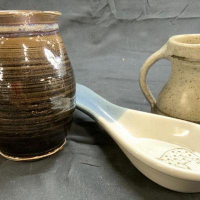 Lot 3 Assorted Ceramic Vessels & Spoon Holder
