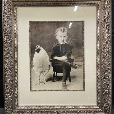 Framed Antique Repro Print, Boy & Chicken
