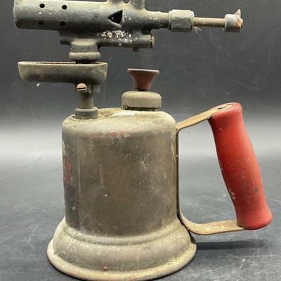 Vintage Metal Blow Torch W/ Red Wooden Handle
