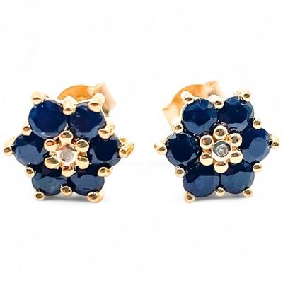 925 Sterling Silver Gold-Tone Floral Earrings with Black Stones