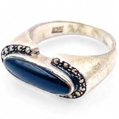 Sterling Silver Ring with Black Onyx and Marcasite Accents Size 8