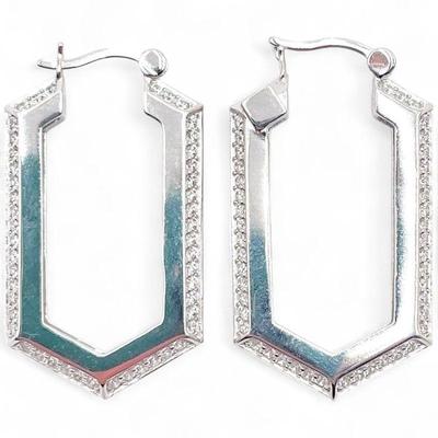 Hexagonal 925 Sterling Silver Earrings with CZ Accents