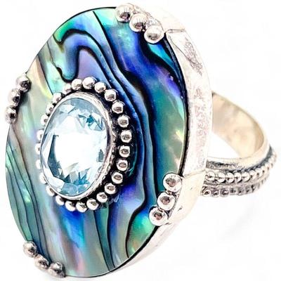 Merav 925 Sterling Silver Ring w/Mother of Pearl and Aquamarine Size 7
