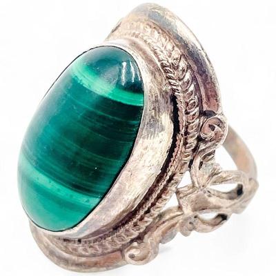 Sterling Silver Ring with Oval Green Malachite Stone Size 7.5