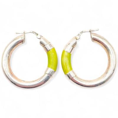 Milor Italy 925 Sterling Silver and Lime Green Enamel Hoop Earrings