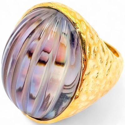 925 Sterling Silver Gold-Tone Ring w/Mother of Pearl Ribbed Doublet Size 7