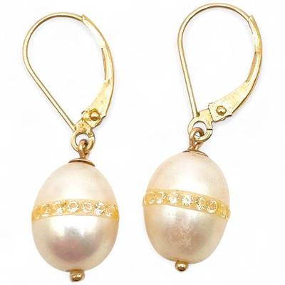 JCM 14K Gold Earrings with CZ and Pearl Accents