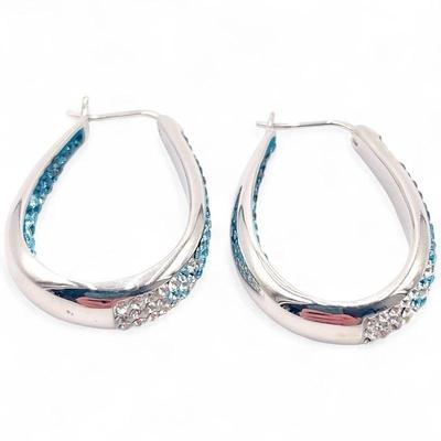 925 Sterling Silver w/Blue & Clear Rhinestones Hoop Earrings