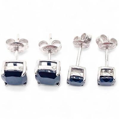 2 Pairs of 925 Silver Stud Earrings with Faceted Black Stones