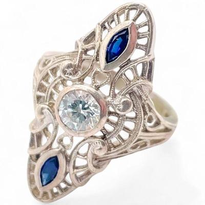 925 Sterling Silver Filigree Ring with CZ and Blue Stones Size 7