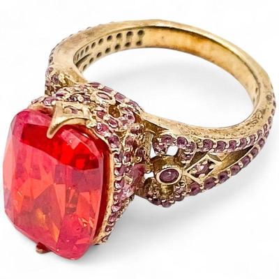 925 Sterling Silver Gold-Tone Ring with Red/Orange and Pink CZ Stones Size 7