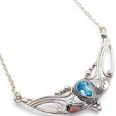 HSC 925 Nepal Sterling Silver Necklace with Faceted Blue Stone